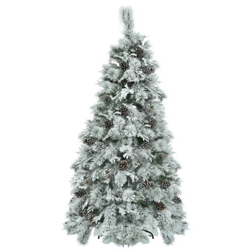 6FT Pre-Lit Spruce Snow Flocked Christmas Tree With Pine Cones, Artificial Xmas Tree With 403 Branch Tips,Mixed PE  PVC Branches, 250 Multi-Color LED Lights, 11 Flashing Modes, Holiday Decor