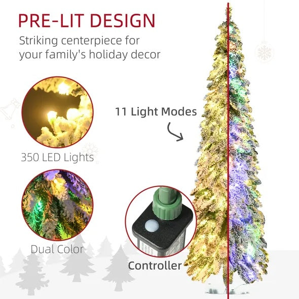 HOMCOM 6ft Tall Prelit Pencil Artificial Christmas Tree Holiday Decor With 407 Snow Flocked Branches, 250 Warm White Or Colorful LED Lights, Downswept Shape