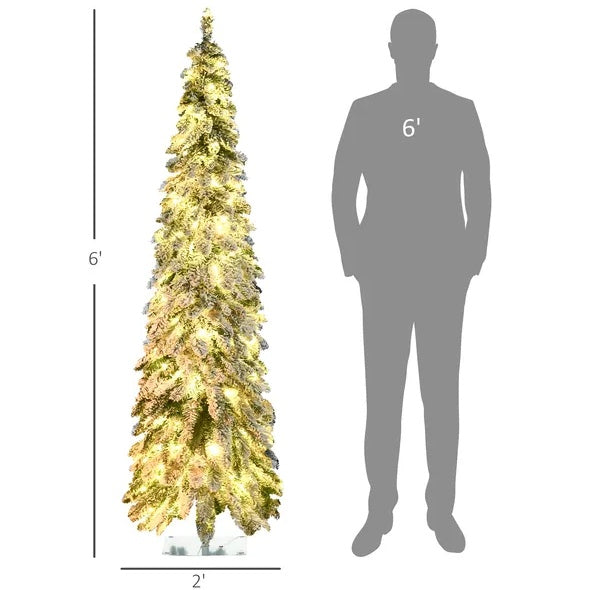 HOMCOM 6ft Tall Prelit Pencil Artificial Christmas Tree Holiday Decor With 407 Snow Flocked Branches, 250 Warm White Or Colorful LED Lights, Downswept Shape