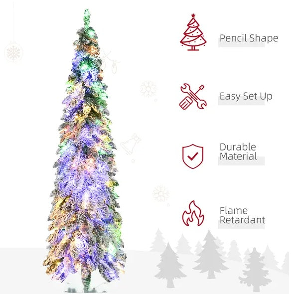 HOMCOM 6ft Tall Prelit Pencil Artificial Christmas Tree Holiday Decor With 407 Snow Flocked Branches, 250 Warm White Or Colorful LED Lights, Downswept Shape