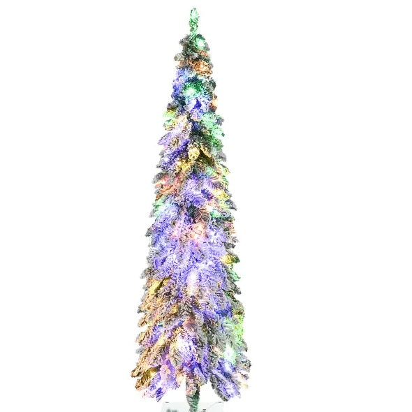 HOMCOM 6ft Tall Prelit Pencil Artificial Christmas Tree Holiday Decor With 407 Snow Flocked Branches, 250 Warm White Or Colorful LED Lights, Downswept Shape