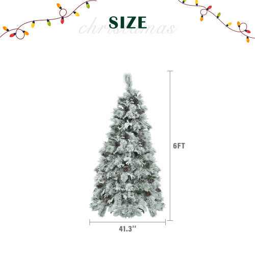 6FT Pre-Lit Spruce Snow Flocked Christmas Tree With Pine Cones, Artificial Xmas Tree With 403 Branch Tips,Mixed PE  PVC Branches, 250 Multi-Color LED Lights, 11 Flashing Modes, Holiday Decor